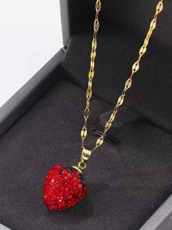Jewelry - Gold Chain Necklace with Red Crystal Strawberry Pendant